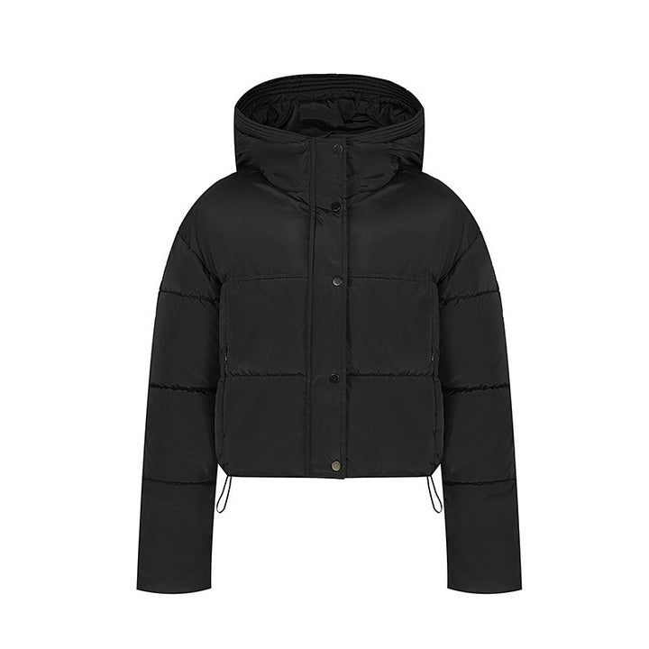 Short quilted jacket for women with stand-up collar and button placket