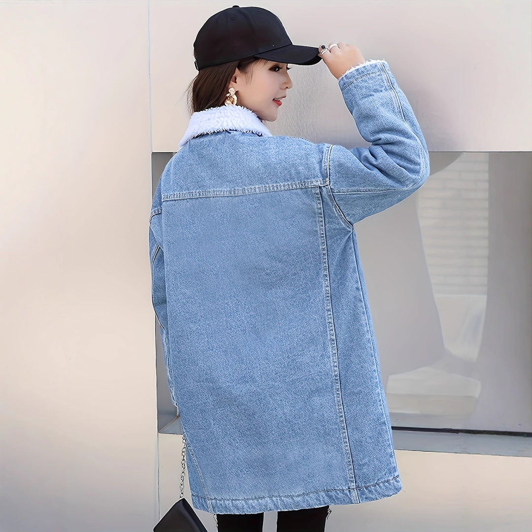 Padded denim jacket with lambskin look, mid-length