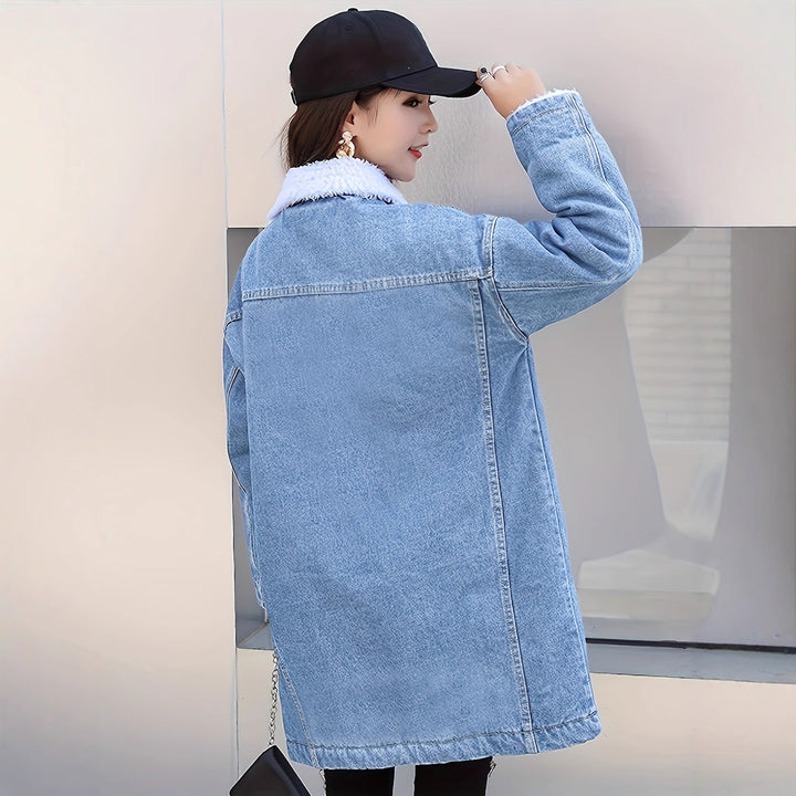 Padded denim jacket with lambskin look, mid-length