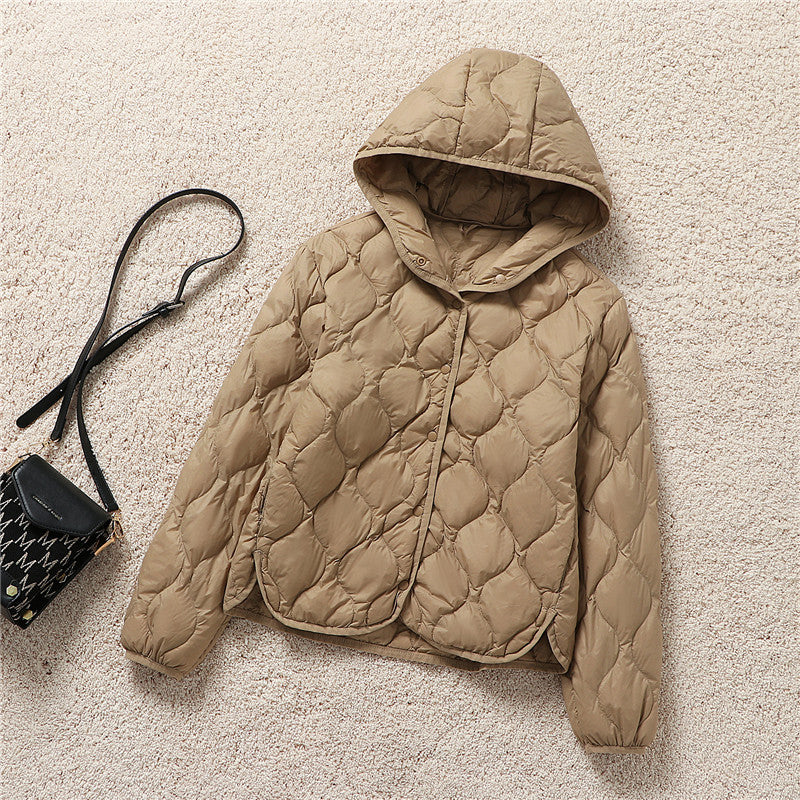 Light women's down jacket, short, with hood