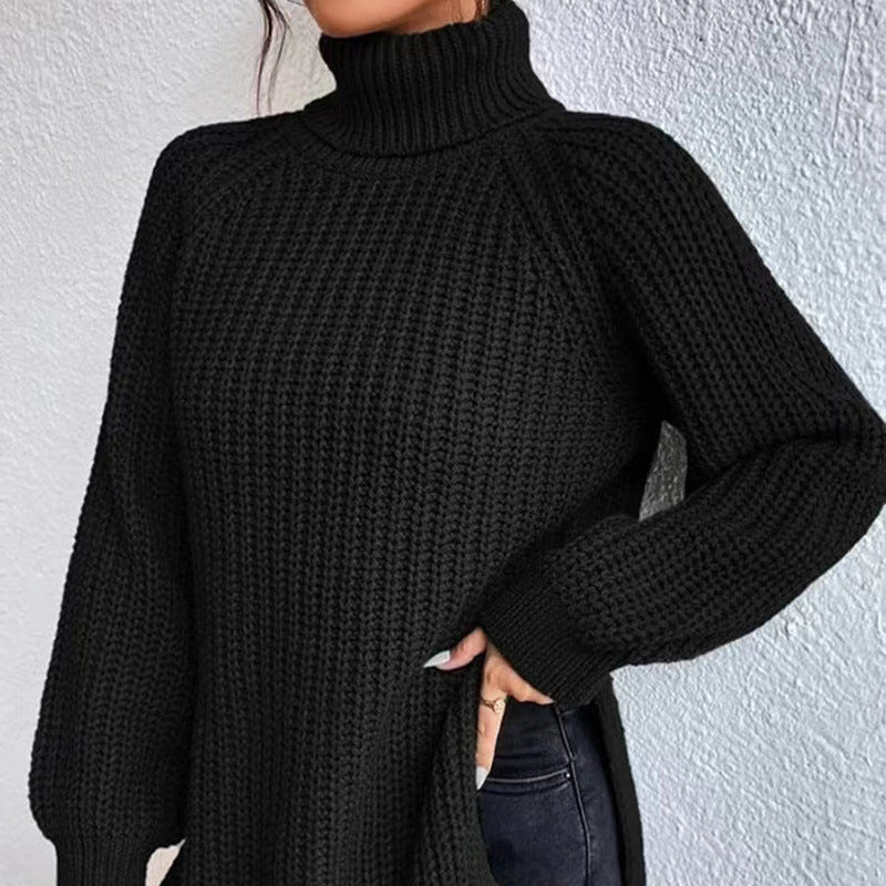 Women's knitted pullover, mid-length with high collar