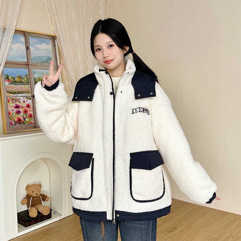 Padded women's winter jacket in lambskin look