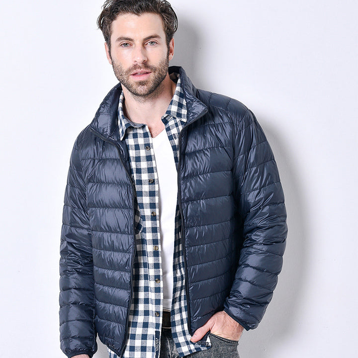 Light men's down jacket, stand-up collar, slim fit