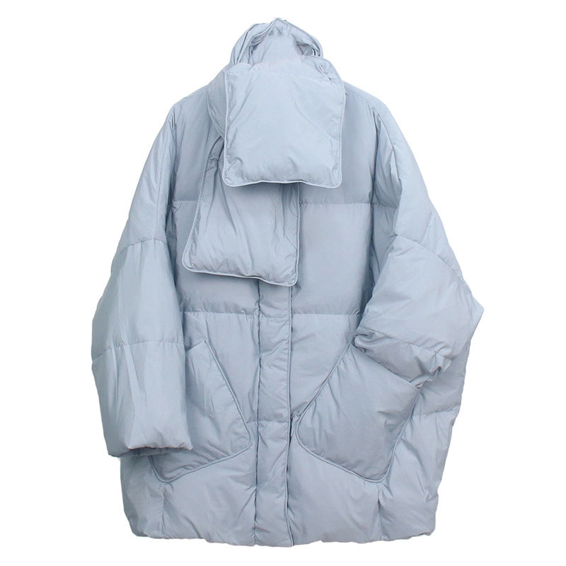 Women's down coat with scarf, mid-length, loose fit