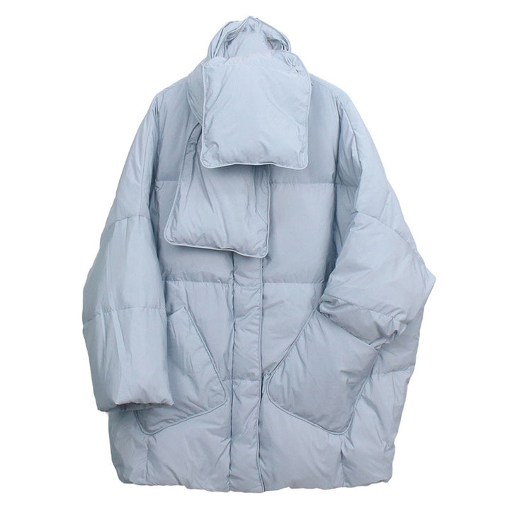 Women's down coat with scarf, mid-length, loose fit