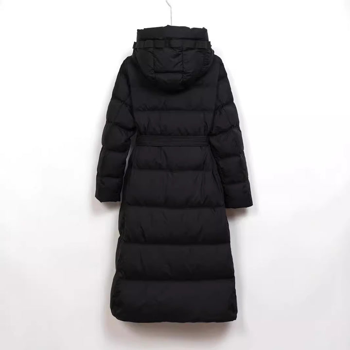 Long down coat with hood, tailored, knee-length