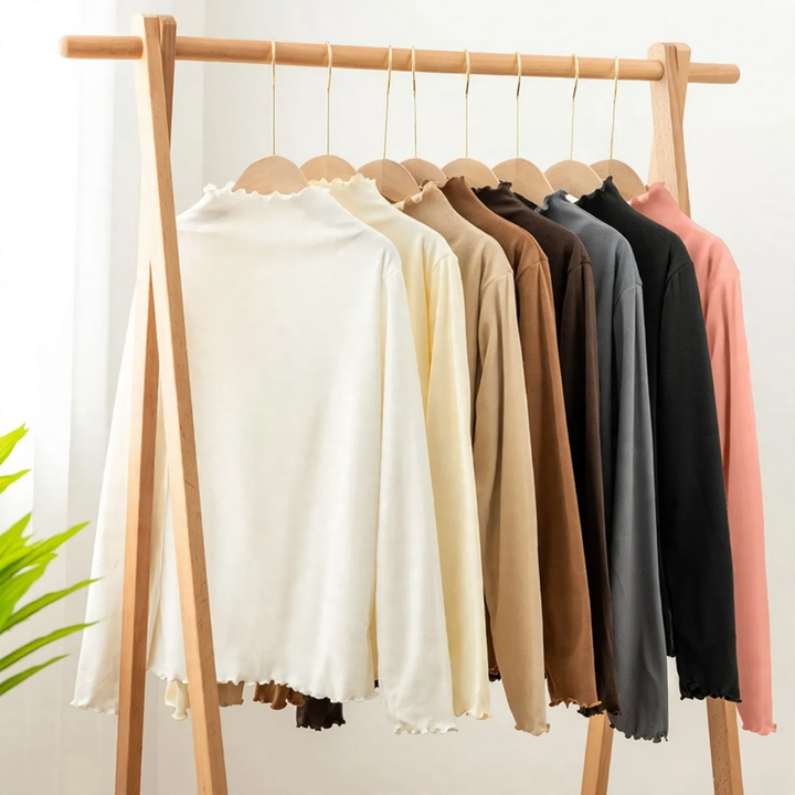 Ladies' Long Sleeve Shirt with Stand Collar and Ruffle Edge