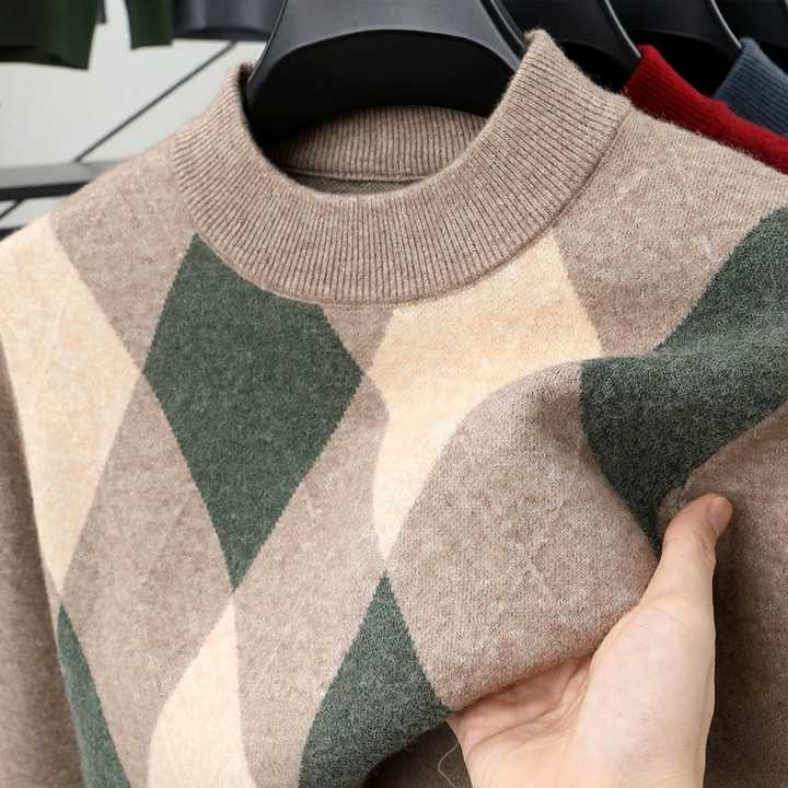 Men's wool sweater, checkered, stand collar, extra warm