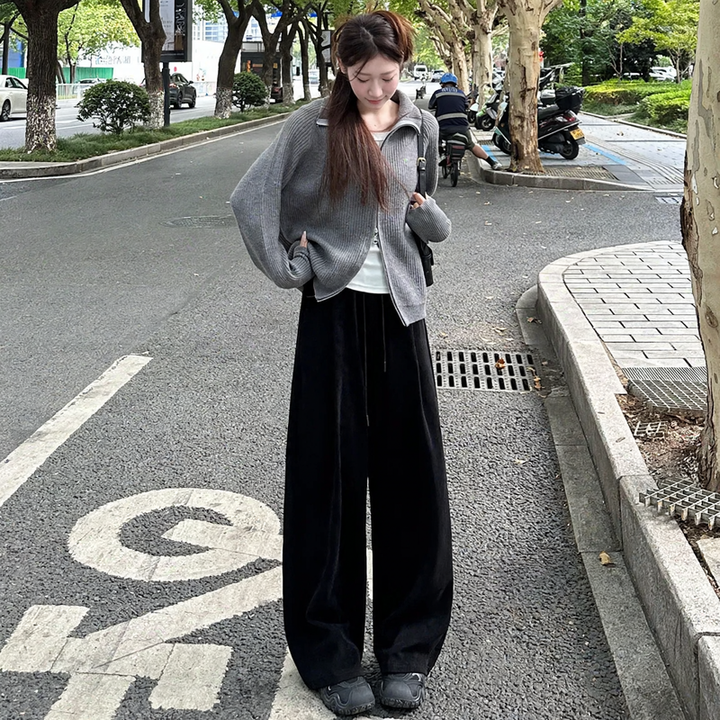 Women's corduroy pants with drawstring and high waistband