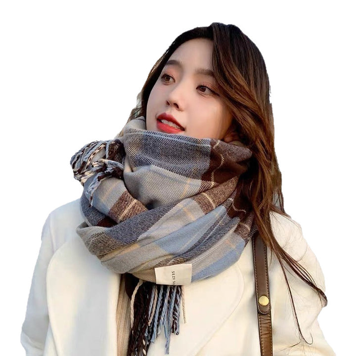 Checked scarf in cashmere look with fringes, 50x190 cm