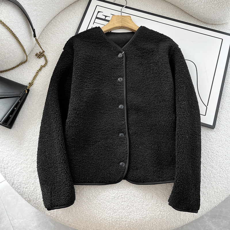 Warm lamb fleece cardigan with round neck for women