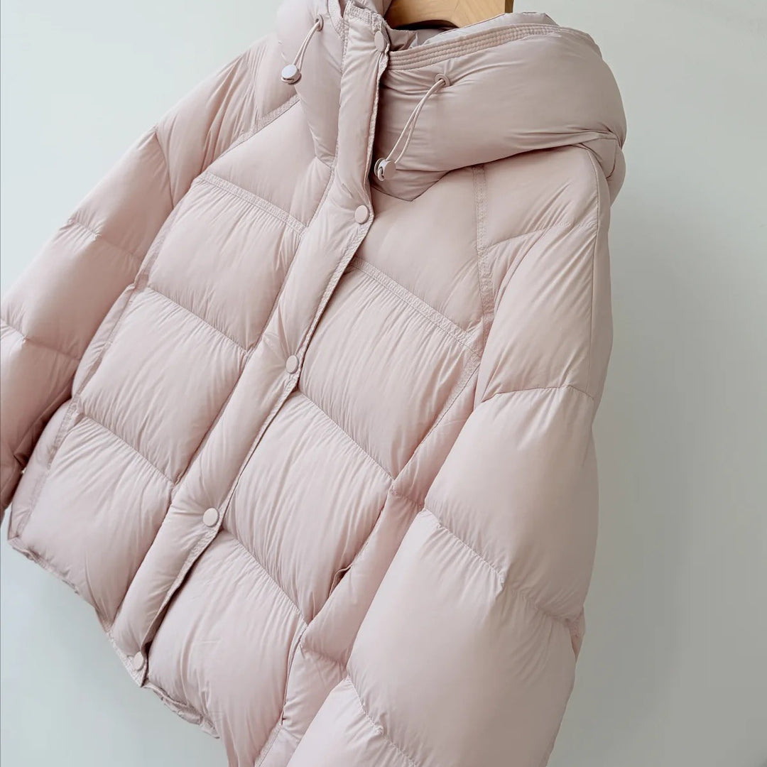 Short women's down jacket, 90% white duck down