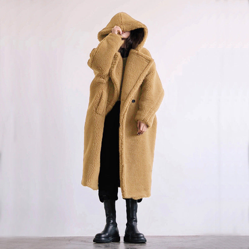 Women’s faux fur coat, mid-length, with hood and lambskin look