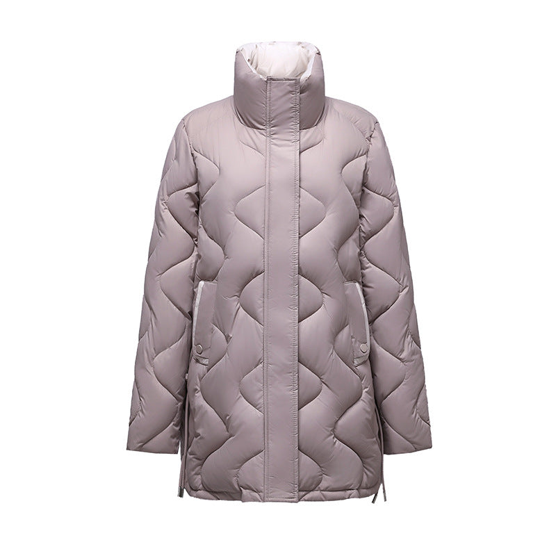 Long women's winter coat with stand-up collar