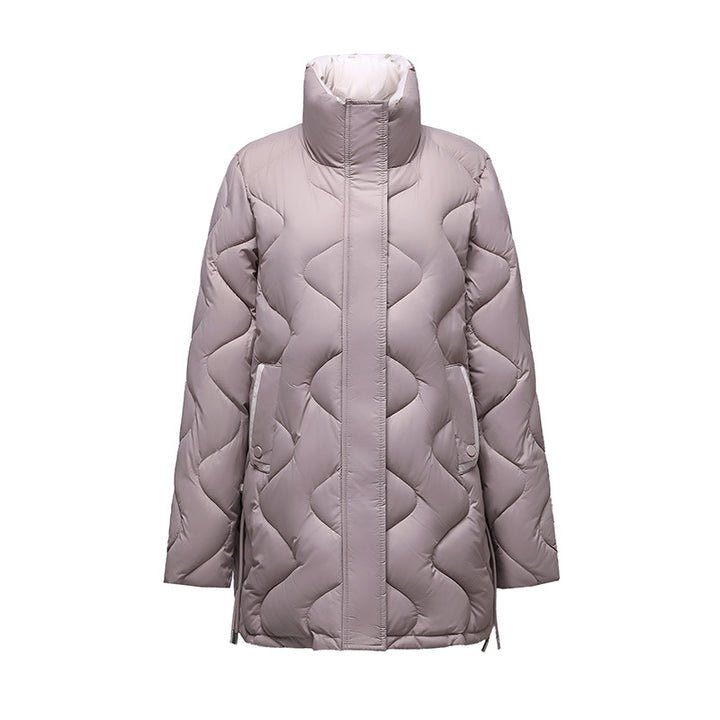Long women's winter coat with stand-up collar