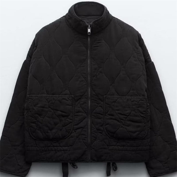 Women's padded jacket with stand-up collar and tie belt