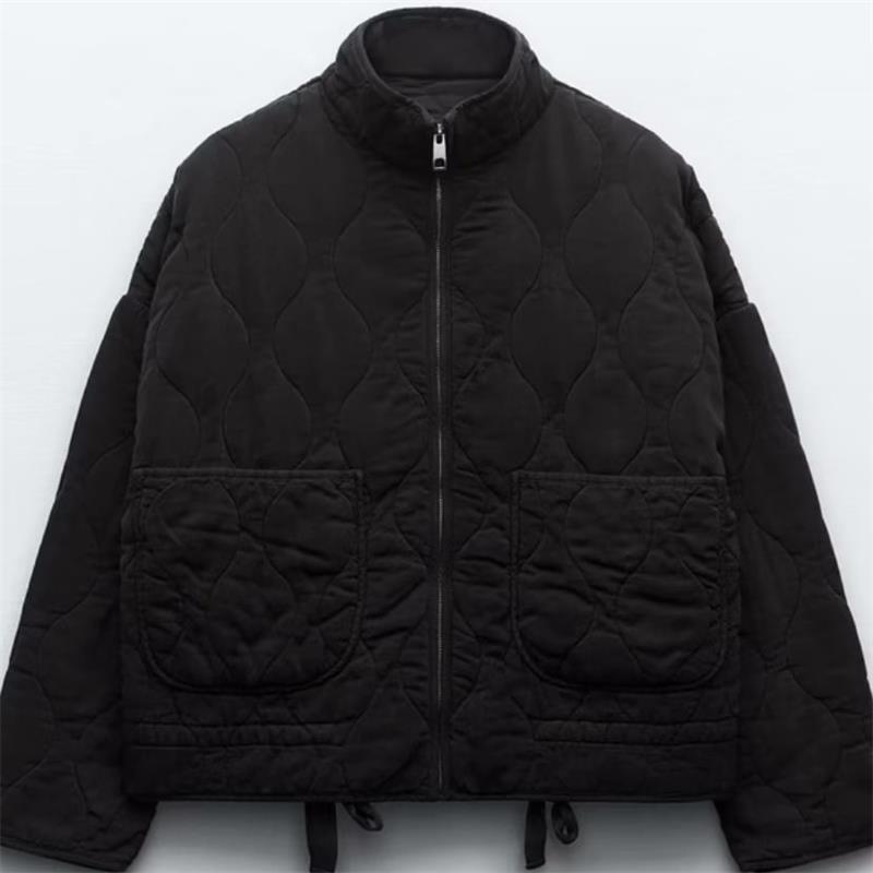 Women's quilted jacket with standing collar and tie belt