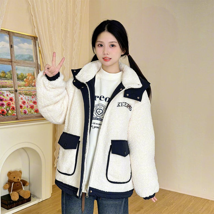 Padded women's winter jacket in lambskin look