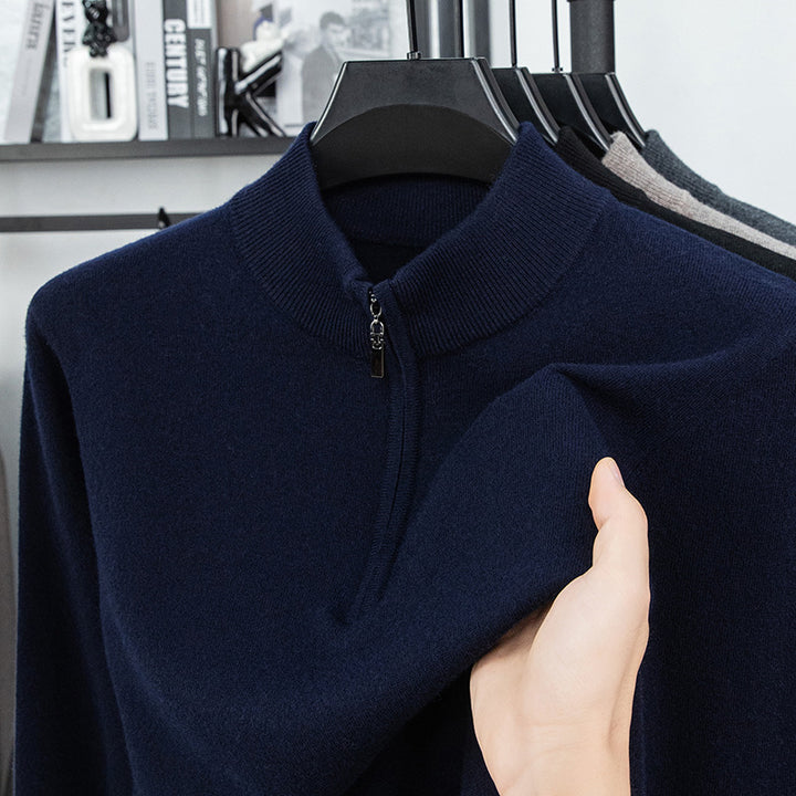Men's wool pullover with zipper and stand-up collar