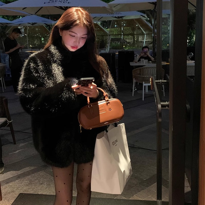 Women’s fur coat, black, mid-length, winter