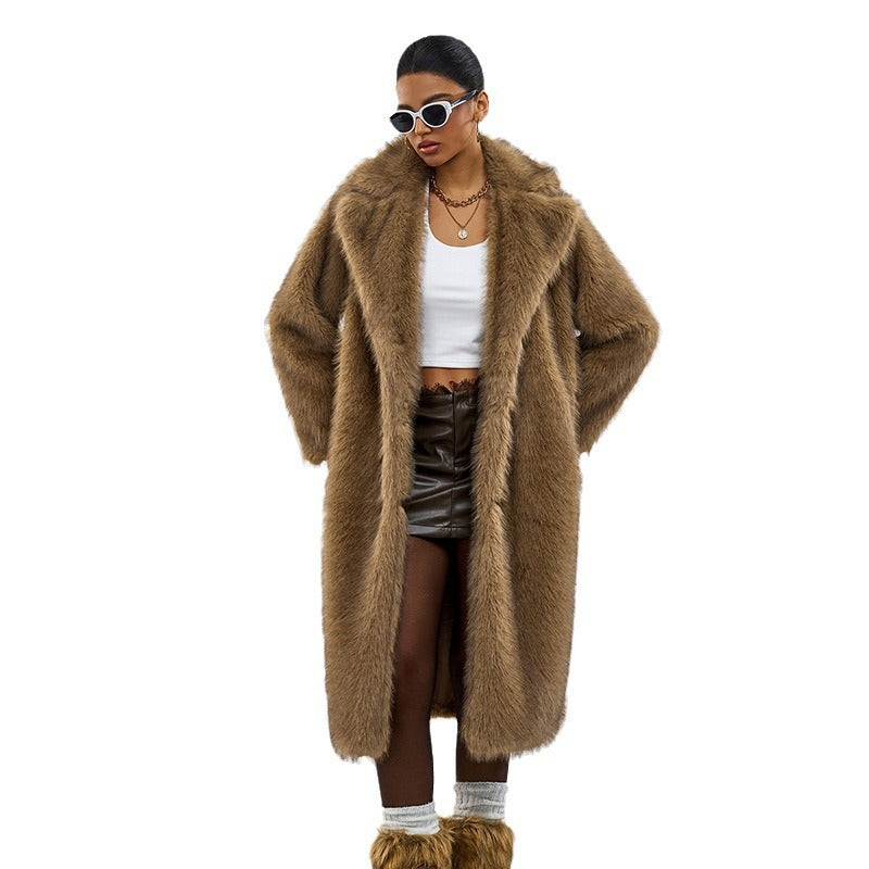 Long women's faux fur coat with lapel collar