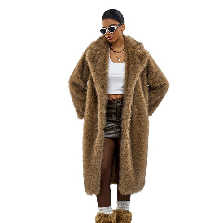 Long women's faux fur coat with lapel collar