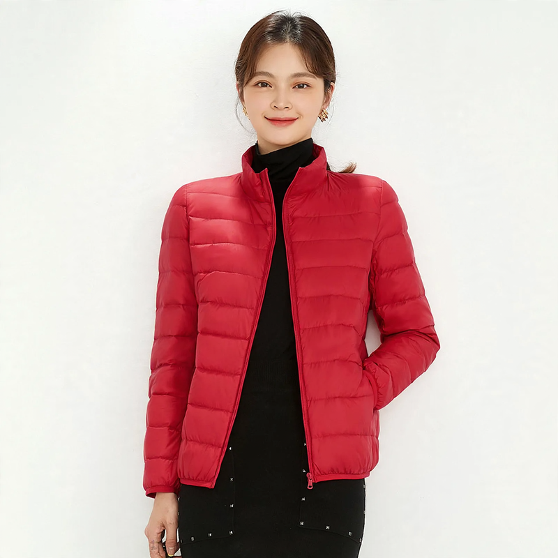 Light down jacket for women, stand-up collar, white, duck down