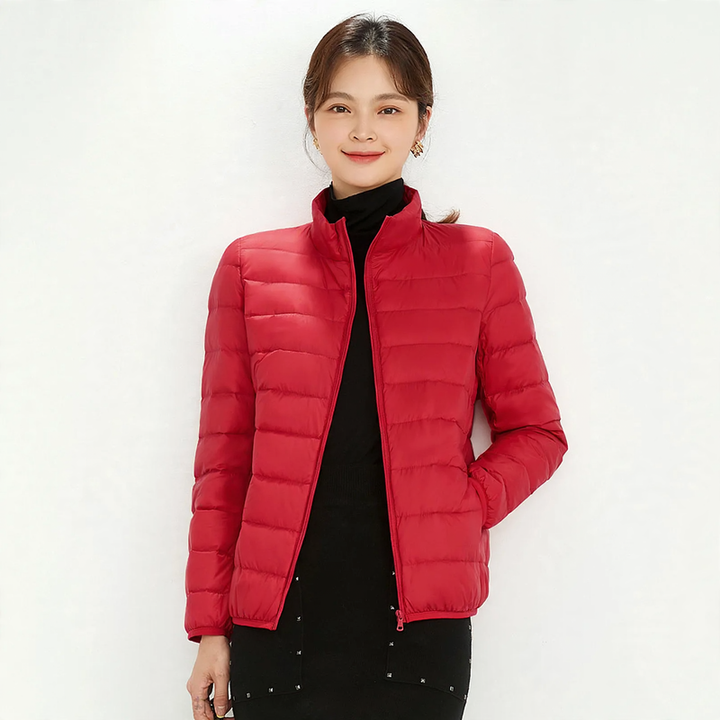 Light down jacket for women, stand-up collar, white, duck down