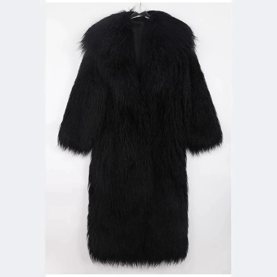 Long faux fur coat with tie belt and lapel collar