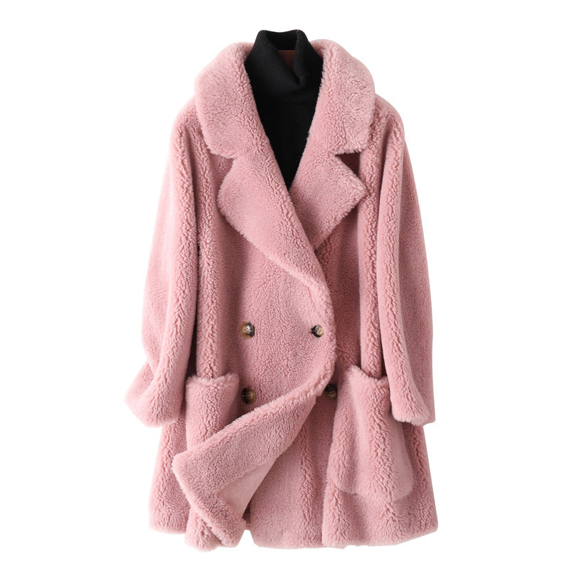 Women's coat made of lambskin imitation, medium length