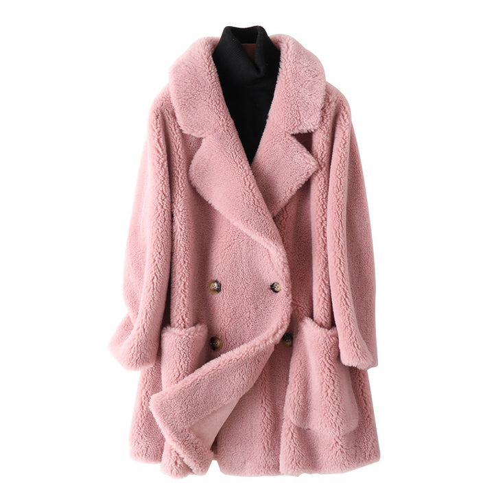 Women's coat made of lambskin imitation, medium length