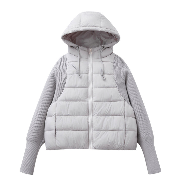 Short ladies' padded jacket with knitted sleeves and hood