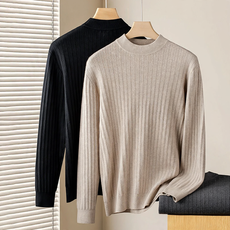 Men's knit sweater made of wool and lyocell, stand-up collar
