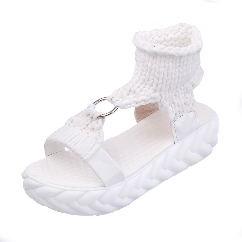 Women's crocheted ankle strap sandal with padded platform footbed and decorative ring Mune Fashion
