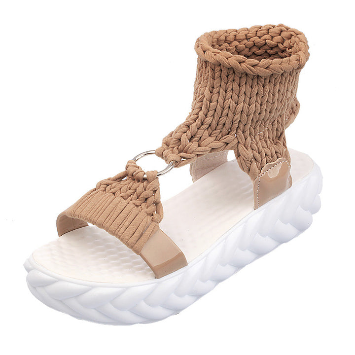 Women's crocheted ankle strap sandal with padded platform footbed and decorative ring Mune Fashion