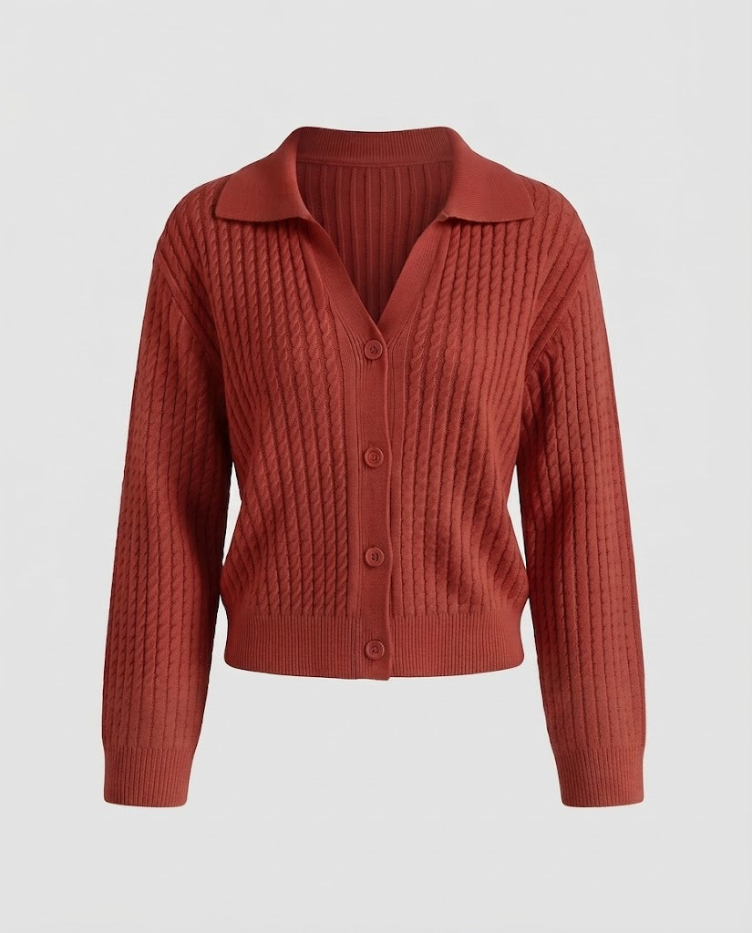 Ladies Cropped Cable Knit Cardigan with Shirt Collar and Balloon Sleeves Mune Fashion