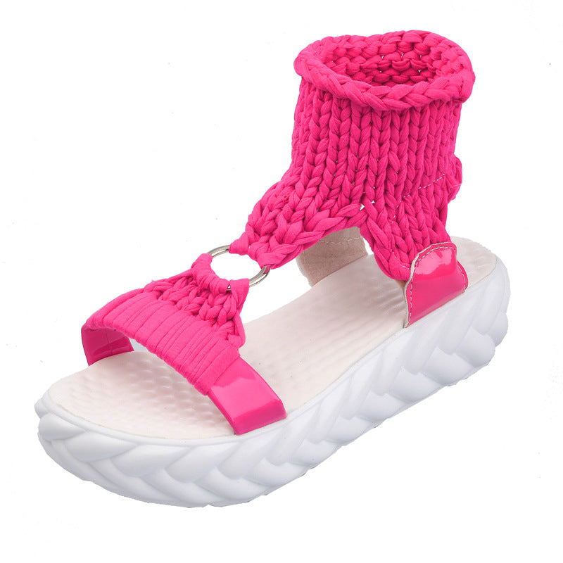 Women's crocheted ankle strap sandal with padded platform footbed and decorative ring Mune Fashion
