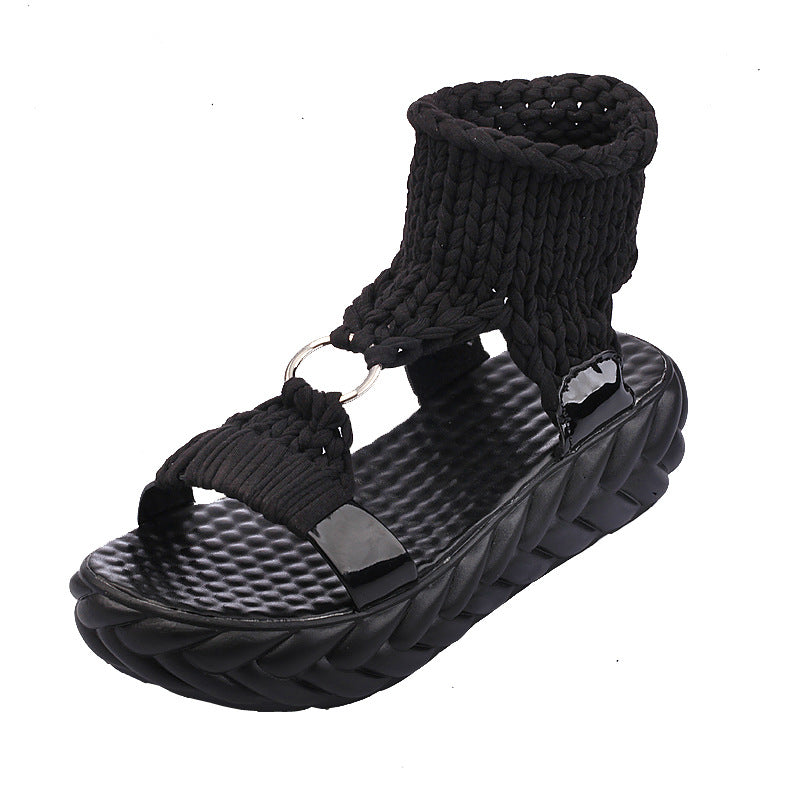 Women's crocheted ankle strap sandal with padded platform footbed and decorative ring Mune Fashion