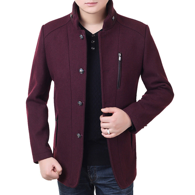 Men's Tailored Wool Blend Short Coat with Stand-Up Collar and Zipper Chest Pocket Mune Fashion