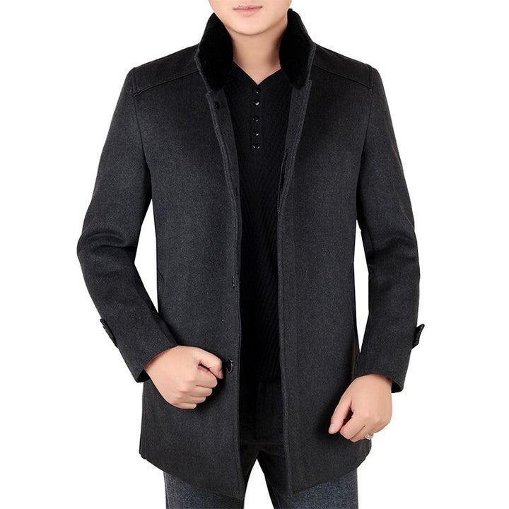 Men's Elegant Wool Blend Short Coat with High Fastening Fur Collar and Hidden Button Placket Mune Fashion
