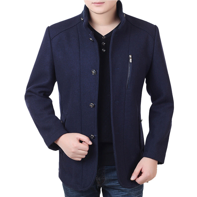 Men's Tailored Wool Blend Short Coat with Stand-Up Collar and Zipper Chest Pocket Mune Fashion