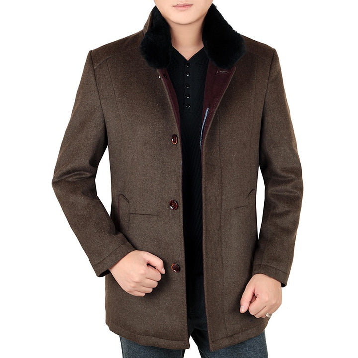 Men's Elegant Wool Blend Short Coat with Detachable Faux Fur Collar Mune Fashion