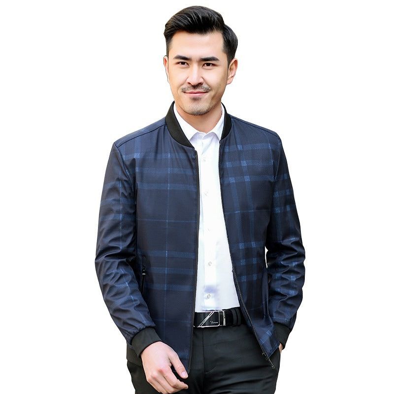 Men's Lightweight Checked Bomber Jacket with Ribbed Collar and Zipper Mune Fashion