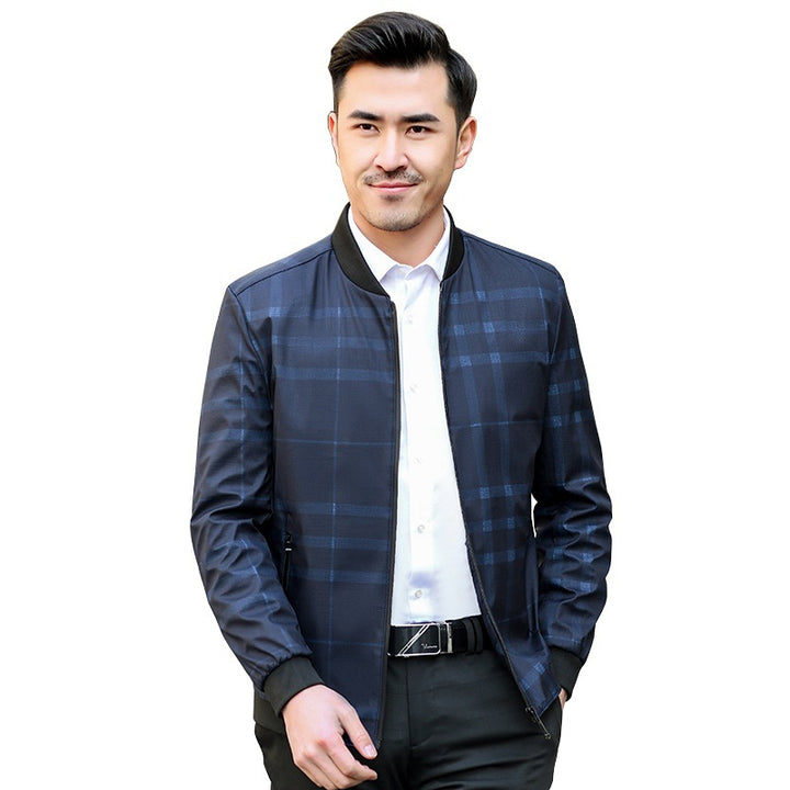 Men's Lightweight Checked Bomber Jacket with Ribbed Collar and Zipper Mune Fashion