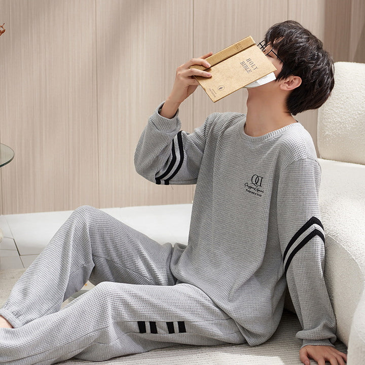 Waffle structure men's pajamas set, long-sleeved