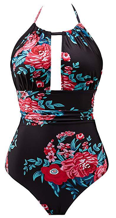 Women's Floral Swimsuit with Deep Neckline Mune Fashion