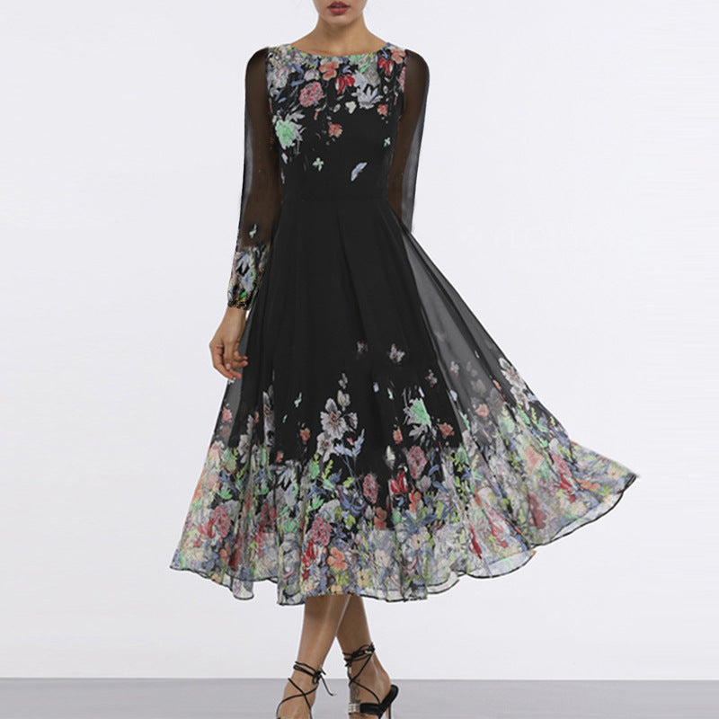 Women's Elegant Floral Maxi Dress with Sheer Sleeves and Flowing Cut Mune