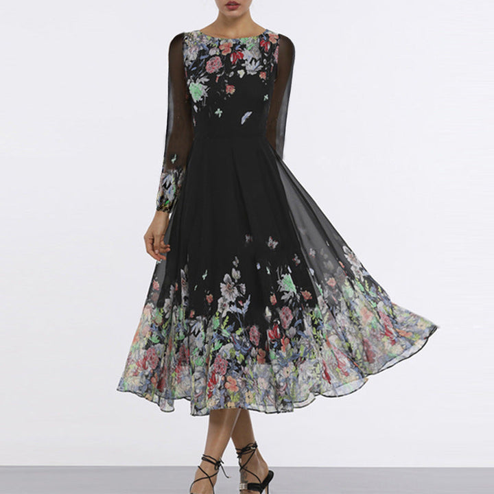 Women's Elegant Floral Maxi Dress with Sheer Sleeves and Flowing Cut Mune