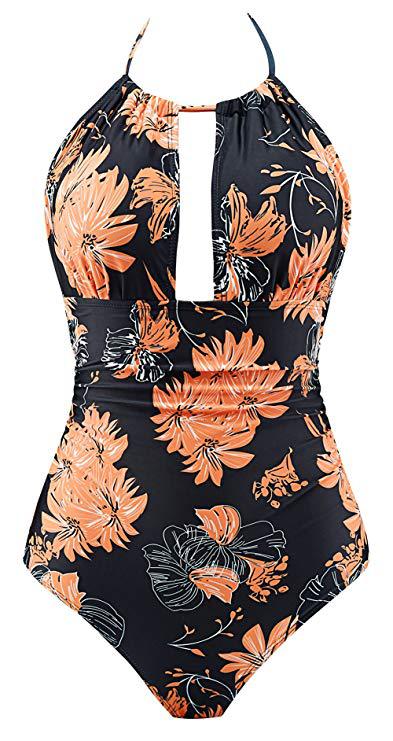 Women's Floral Swimsuit with Deep Neckline Mune Fashion