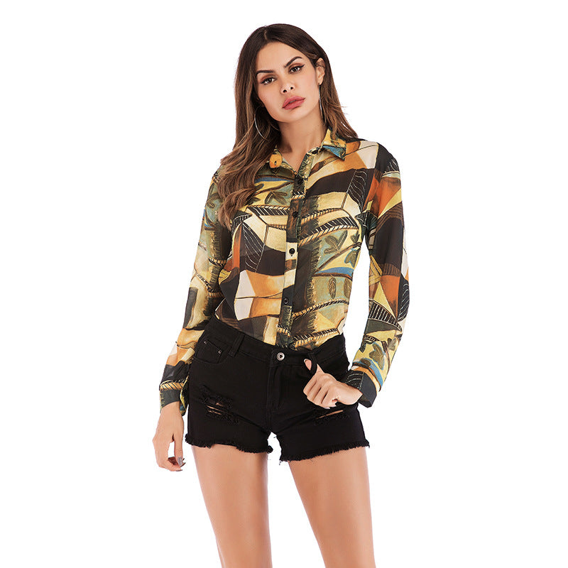 Women Printed Shirt Blouse with Graphic Patchwork Print & Button Placket Mune Fashion